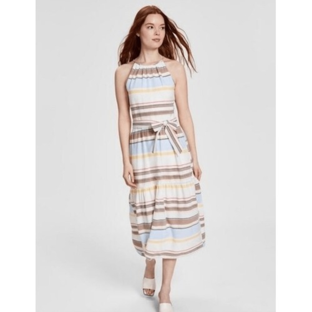 DKNY Womens Stripe Halter Sleeveless Lined Cotton Midi Dress Multicolor Size 4‎